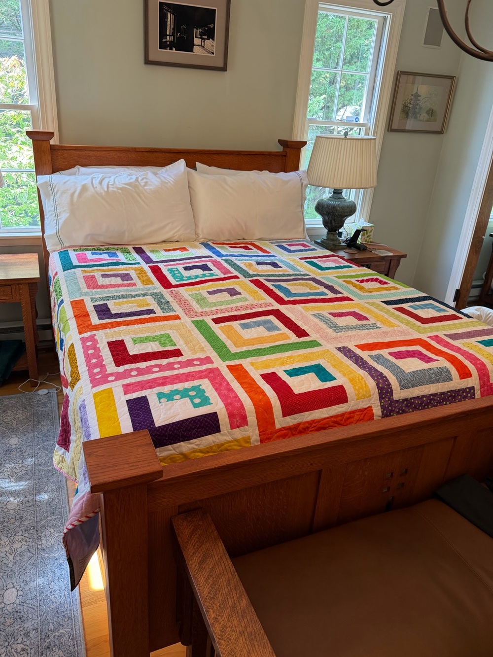 Patchwork Handmade NWOT Bright Colorful Geometric 90”x 140” Quilt